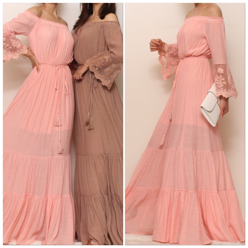 🆕Baby Pink Tiered Off Shoulder Lace Maxi Dress